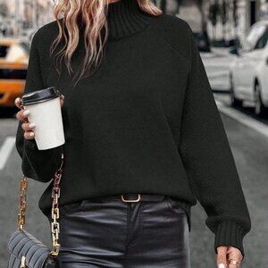 Black Casual Women's Turtleneck Raglan Sleeve Sweater
